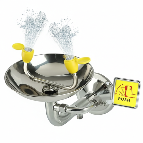 Emergency wall-mounted stainless steel eyewash station for immediate use, compliant with safety standards.