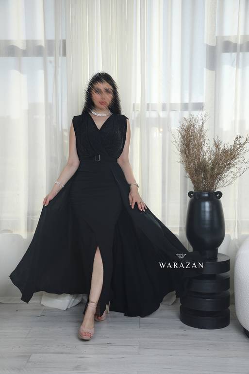 فستان سهرة أسود بـ حزام