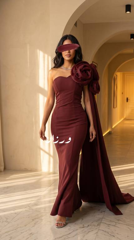 فستان سهرة خمري بوردة كتف فاخرة وكيب انسيابي