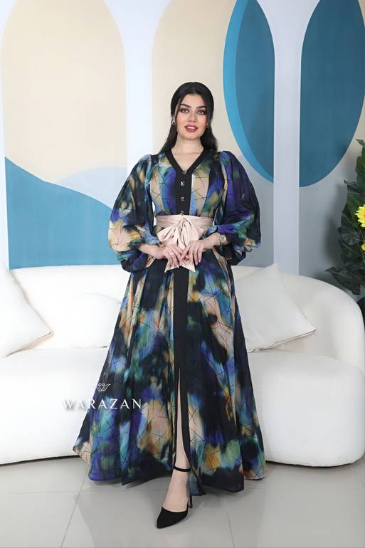 فستان طويل مشجر ساتر للعيد مع حزام سادة 