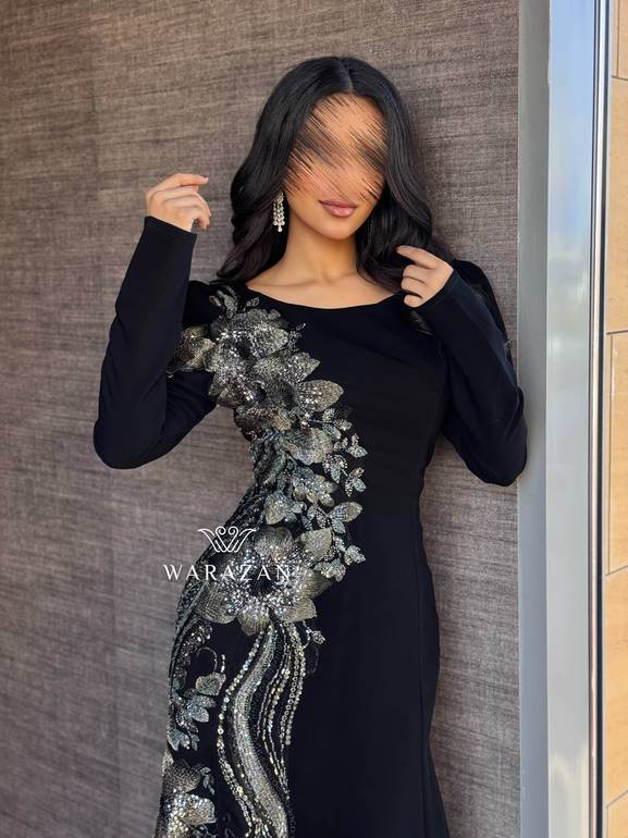 فستان سهره ماسك باكمام طويله و تطريز من الجنب