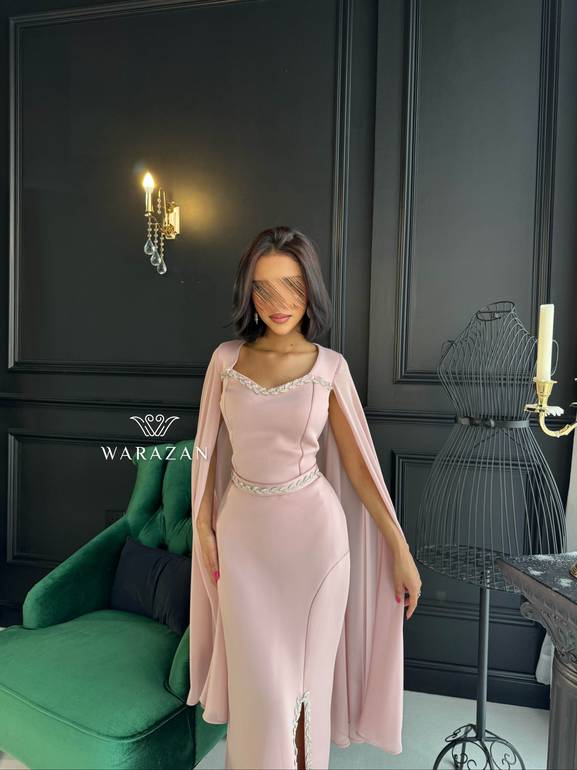 فستان سهرة ناعم بستايل أكمام طويلة - 38 - لحمي