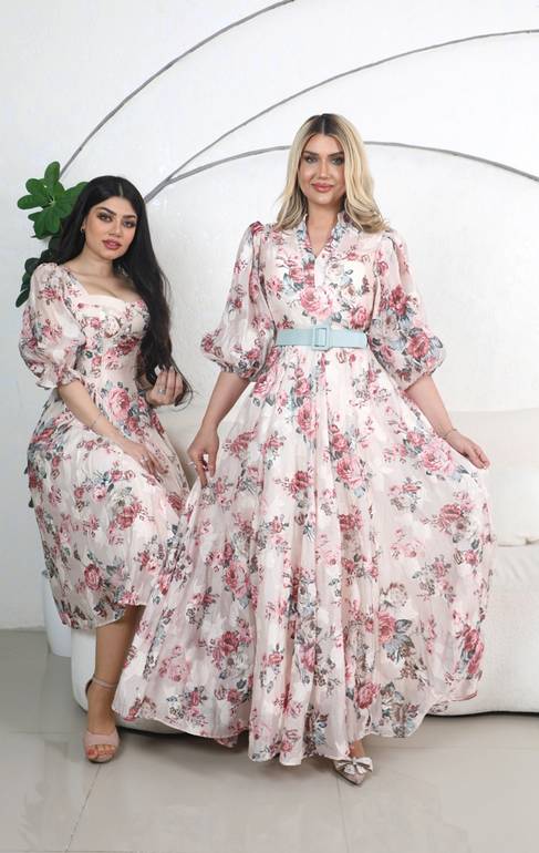 فستان مشجر طويل مع خرز وحزام 