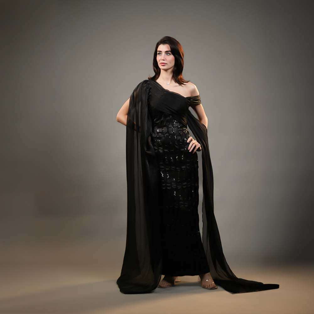 فستان سهرة طويل ماسك مع شال 