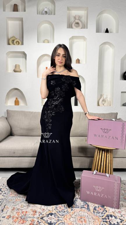 فستان سهره بتطريز كرستال اسود 