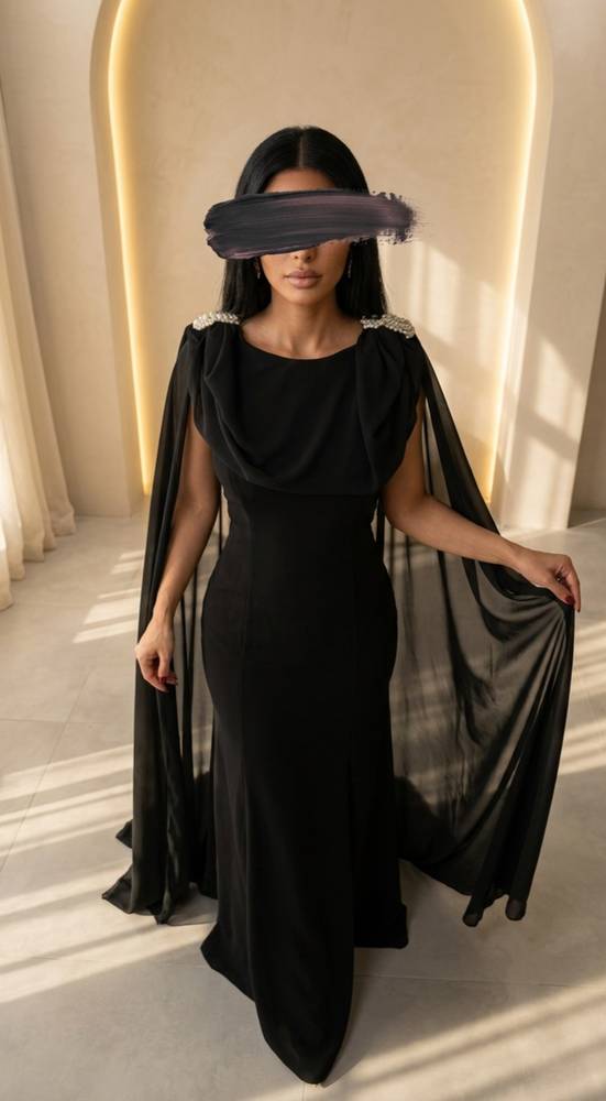 فستان سهرة أسود ملكي بكاب انسيابي فاخر