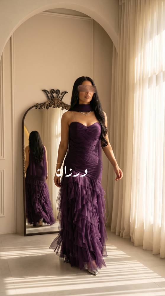 فستان سهرة بنفسجي داكن بتل انيق
