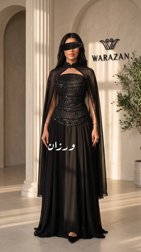 فستان سهرة أسود بكاب شيفون وتطريز فاخر
