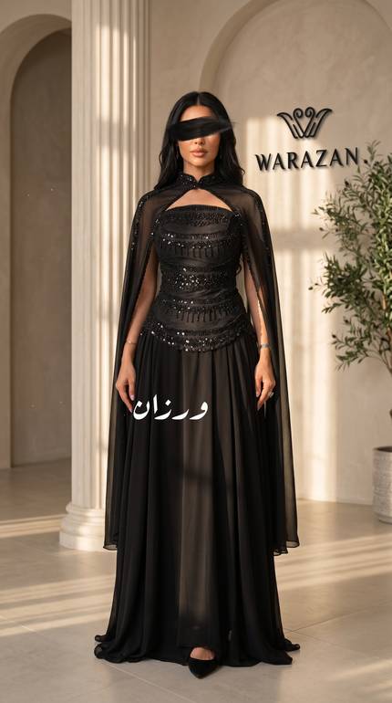 فستان سهرة أسود بكاب شيفون وتطريز فاخر