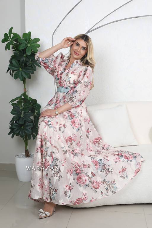 فستان مشجر طويل مع خرز وحزام 