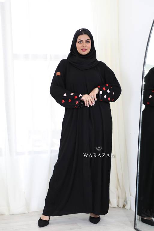 عباية كريب ملكي بتطريز قلوب أحمر  وأبيض