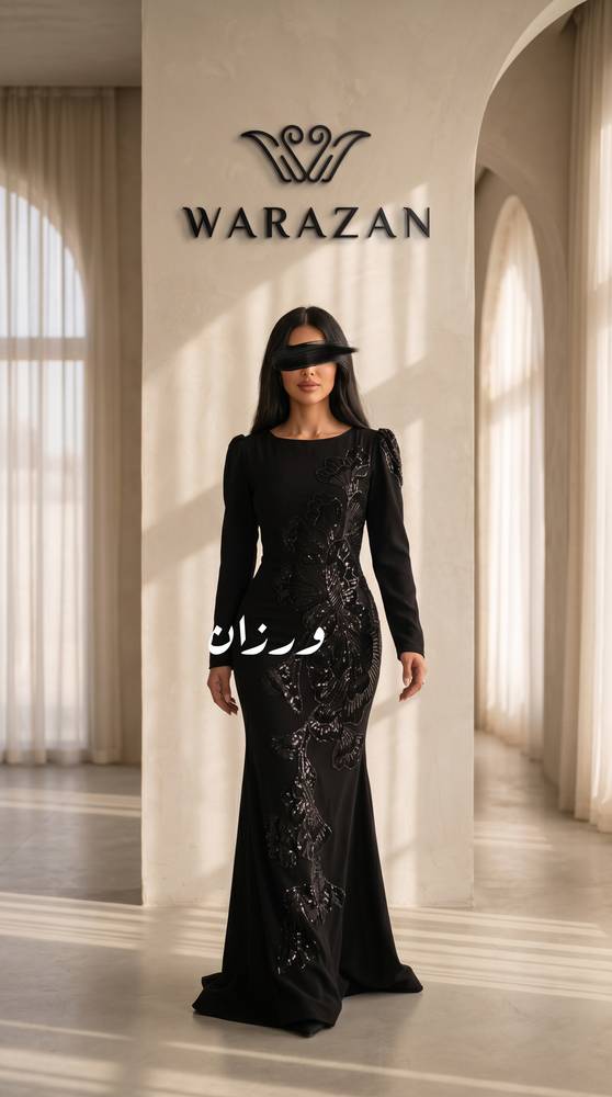 فستان سهرة أسود بتطريز فاخر بأكمام طويلة