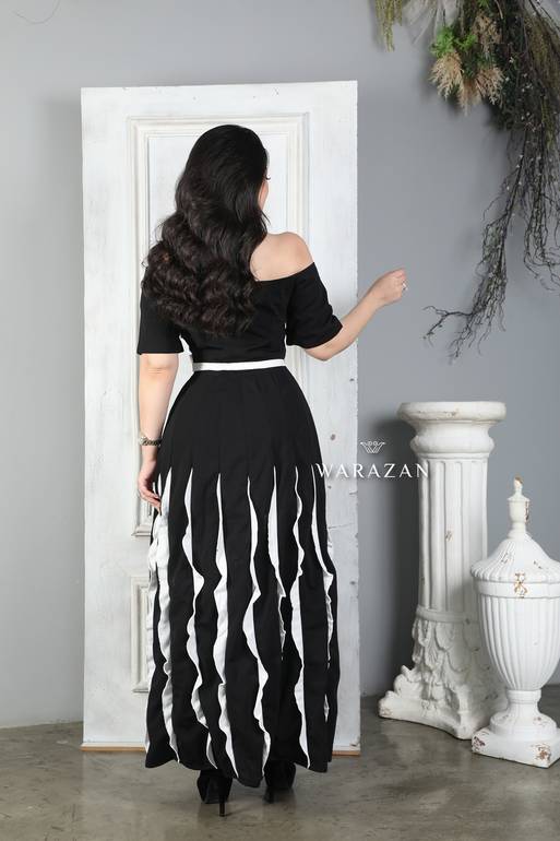 فستان سهرة طويل ناعم أسود مع أبيض مع كركشه