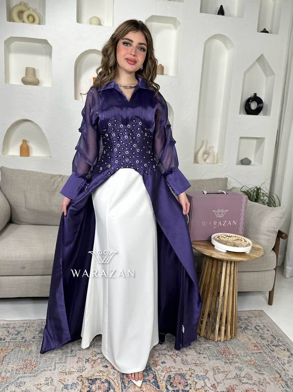 فستان ملكي بكرستال و اكمام شفافه وبستايل انيق 