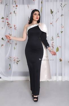 فستان سهرة طويل أسود ماسك مع شال أبيض