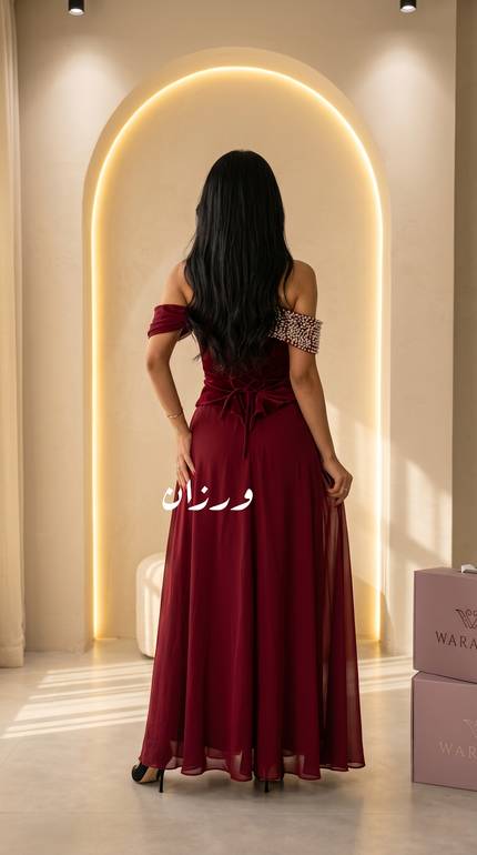 فستان سهرة خمري بكتف مطرز فاخر 