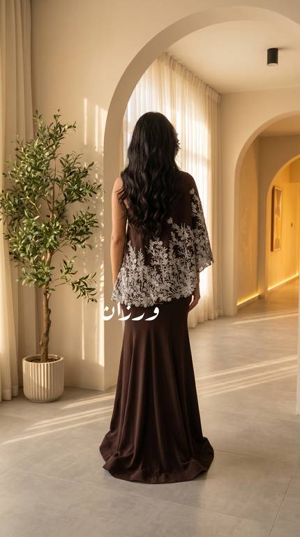 فستان سهرة بني بتطريز راقي وساتر 
