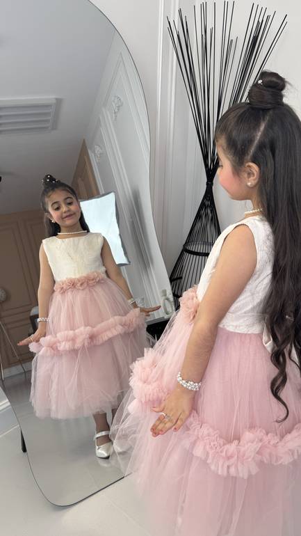 فستان بناتي تل قطعتين منفوش