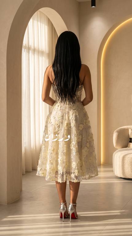 فستان سهرة أوف وايت بتفاصيل ورود بارزة
