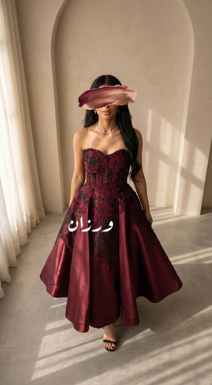 فستان سهرة عنابي منفوش بتفاصيل كورسيه ملكية