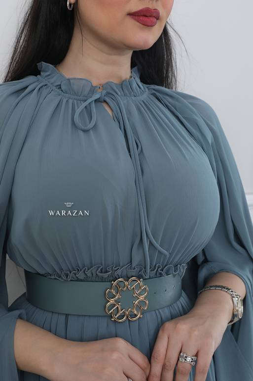 فستان ناعم مشجر شيفون راقي ستايل مختلف مع حزام 