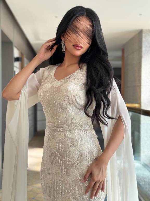 فستان سهرة مورد بأكمام شيفون طويلة 