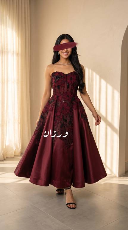 فستان سهرة عنابي منفوش بتفاصيل كورسيه ملكية