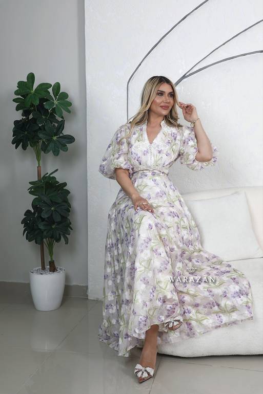 فستان طويل مشجر بلونين موف وسماوي للعيد