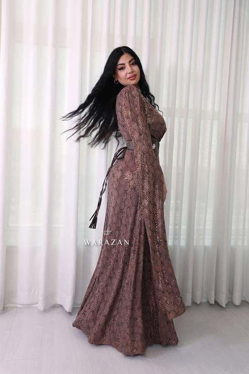 فستان سهرة طويل مشجر ماسك جلد التمساح بحزام 