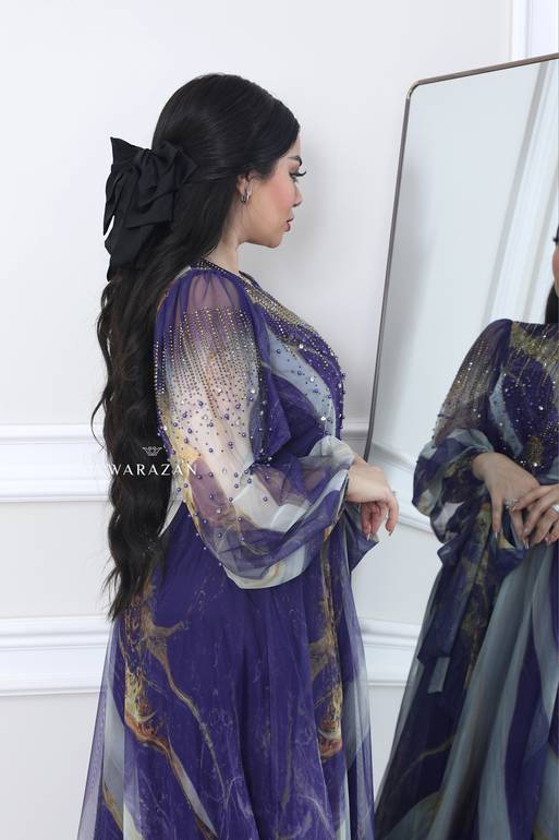 فستان سهرة طويل ومشجر برنت ملكي مع فصوص 