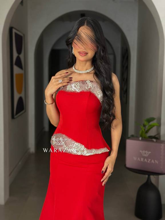 فستان سهرة كورسيه احمر بقصة حورية