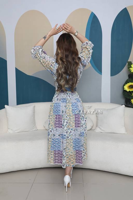 فستان ميد مشجر بلونين مع حزام 