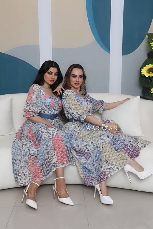 فستان ميد مشجر بلونين مع حزام 