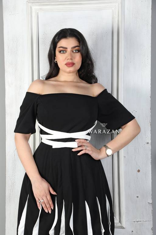 فستان سهرة طويل ناعم أسود مع أبيض مع كركشه