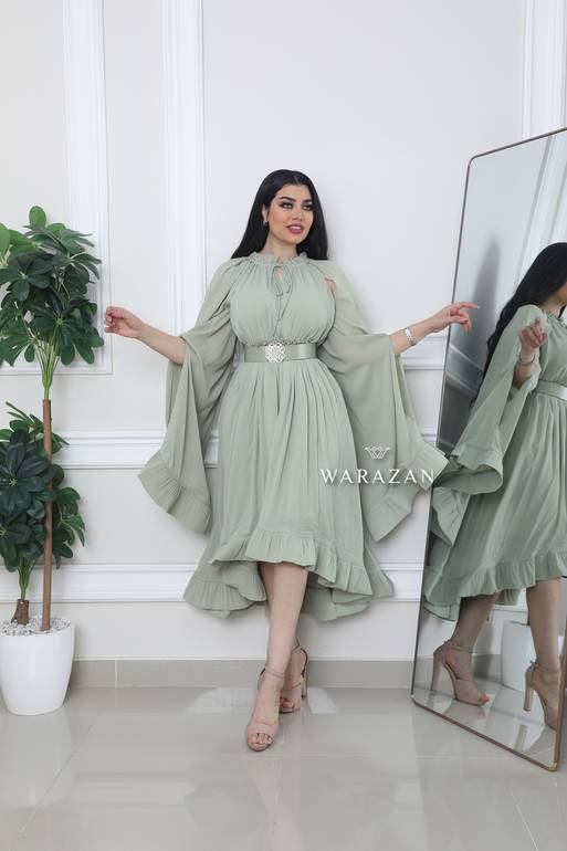 فستان ناعم مشجر شيفون راقي ستايل مختلف مع حزام  - عشبي - 6