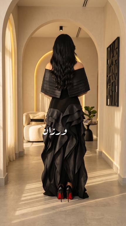 فستان سهرة أسود أوف شولدر بتصميم أنيق 