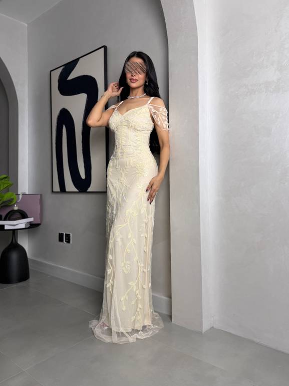 فستان سهرة بني بقصة صدر راقية - XL - بيج
