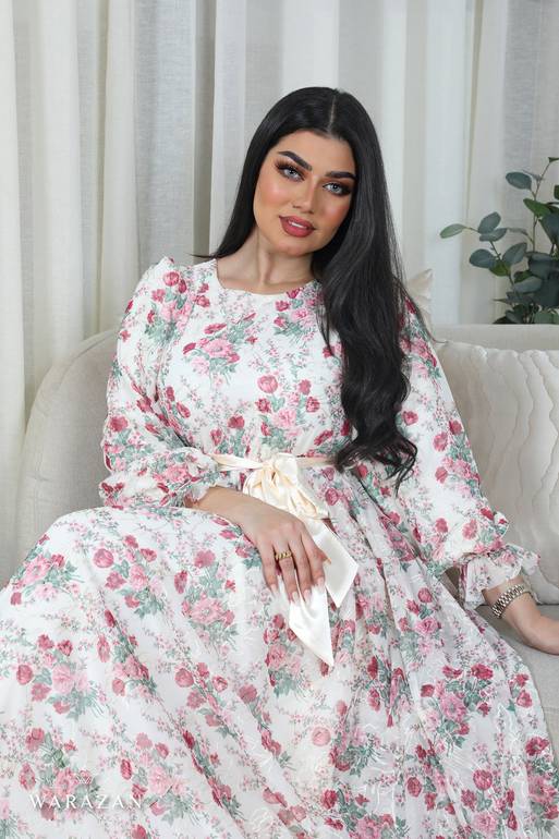 فستان مورد طويل بحزام من الخصر