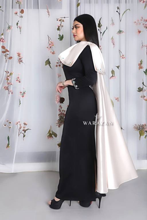 فستان سهرة طويل أسود ماسك مع شال أبيض