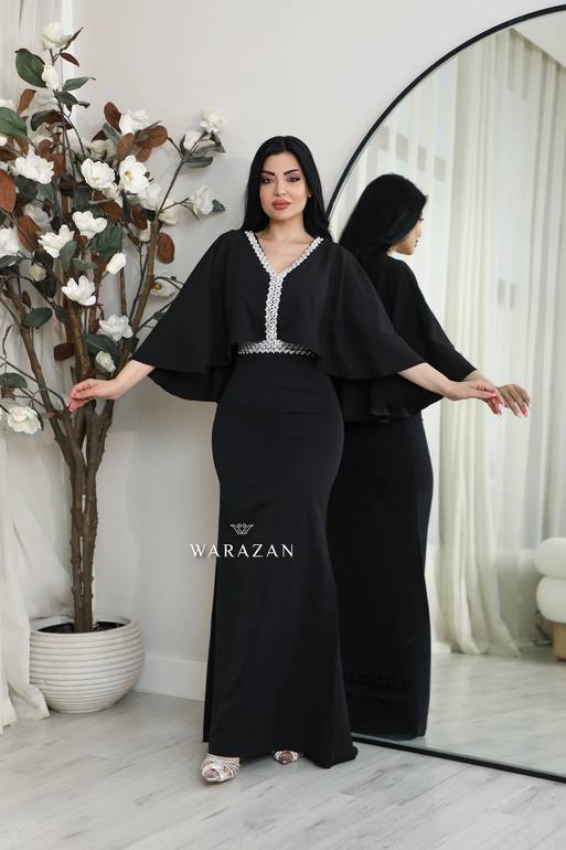 فستان سهرة ناعم بقصة أكمام واسعة  - اسود - 42