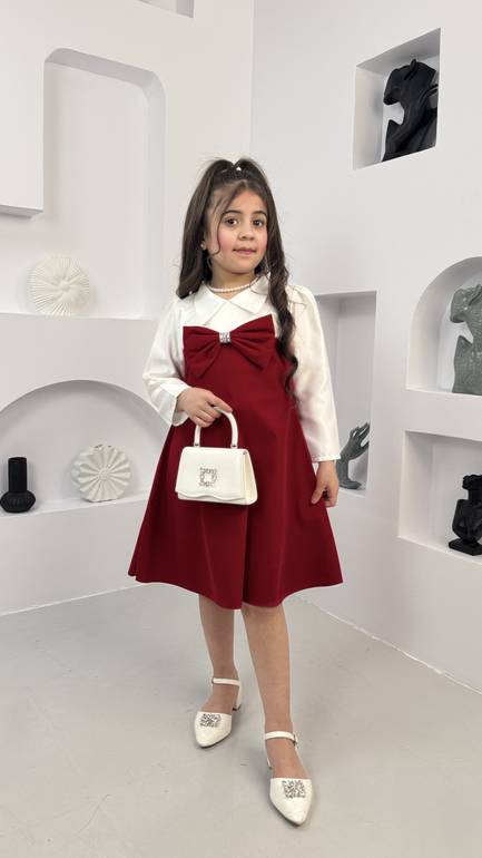 فستان بناتي مخمل بلون عودي وابيض