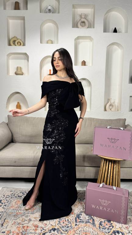 فستان سهره بتطريز كرستال اسود 