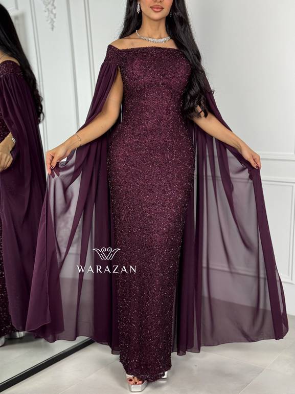 فستان سهرة خمري مع وشاح  ناعم  
