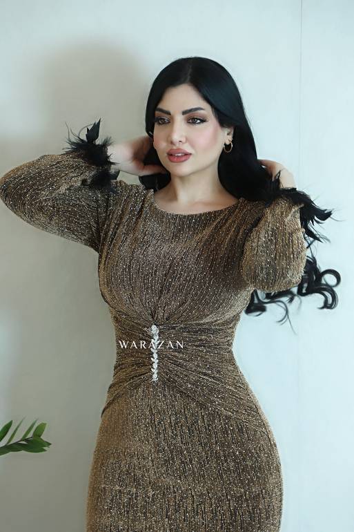 فستان سهرة طويل باكمام ريش 