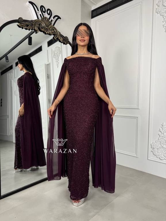 فستان سهرة خمري مع وشاح  ناعم  
