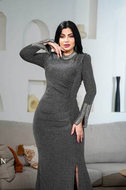 فستان سهرة ماسك استريتش بكرستال ولول للعيد - 5 - رمادي