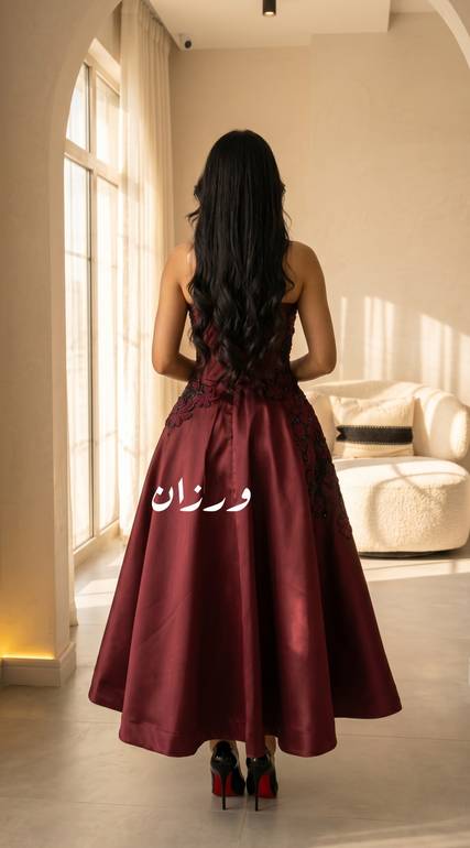 فستان سهرة عنابي منفوش بتفاصيل كورسيه ملكية
