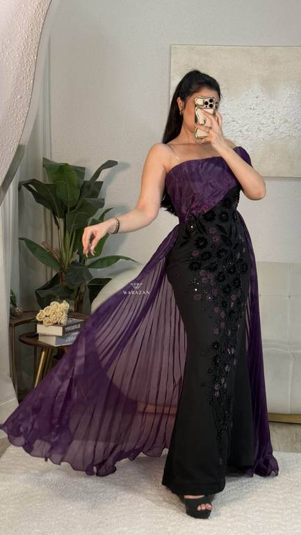 فستان سهرة بتدخيل ورود و كسرات 