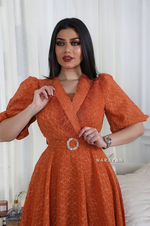 فستان سهرة بأكمام طويلة وريش من الصدر