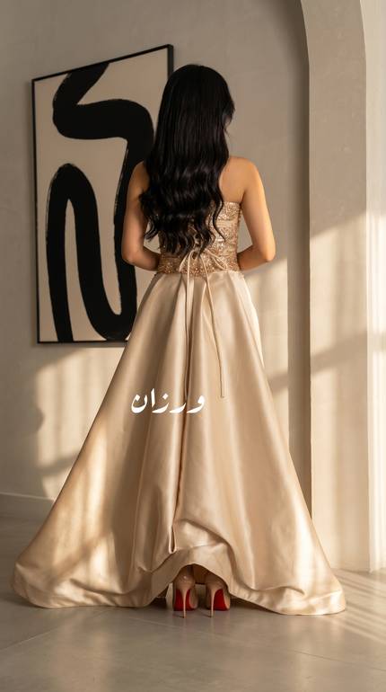 فستان سهرة ذهبي  مع كاب أنيق للمناسبات